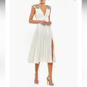 Leens for Mac Duggal White Beaded Cap Sleeve Cocktail Dress
